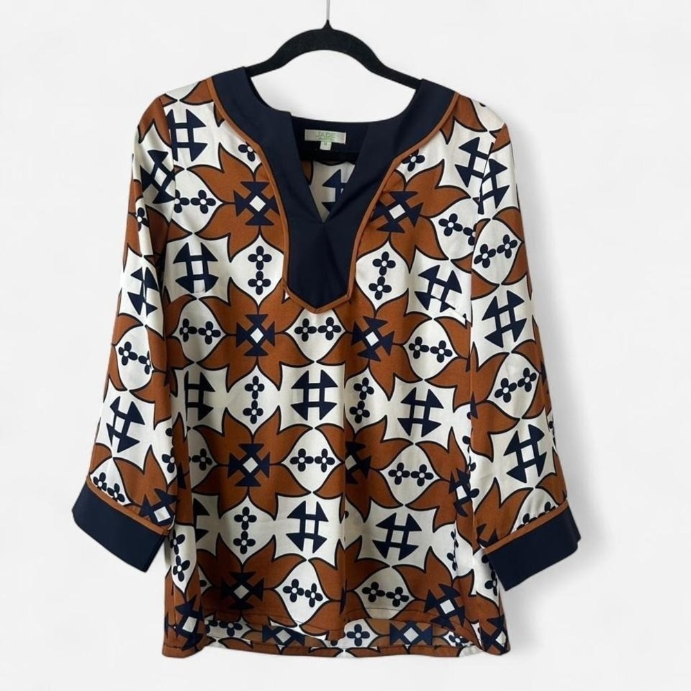 Boho Jade Melody Tam Tunic Blouse Relaxed Geometric Print‎ Navy Rust Medium